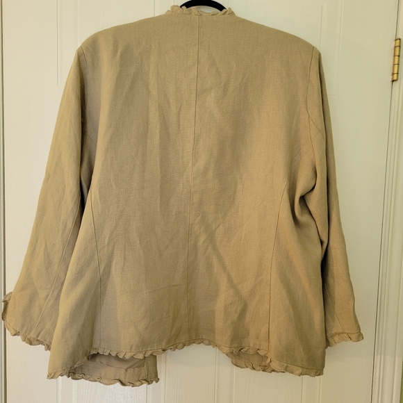 Peck & Peck Tan Linen Blazer One Button Closure Lined Ruffle Detail Size XL - Picture 7 of 12